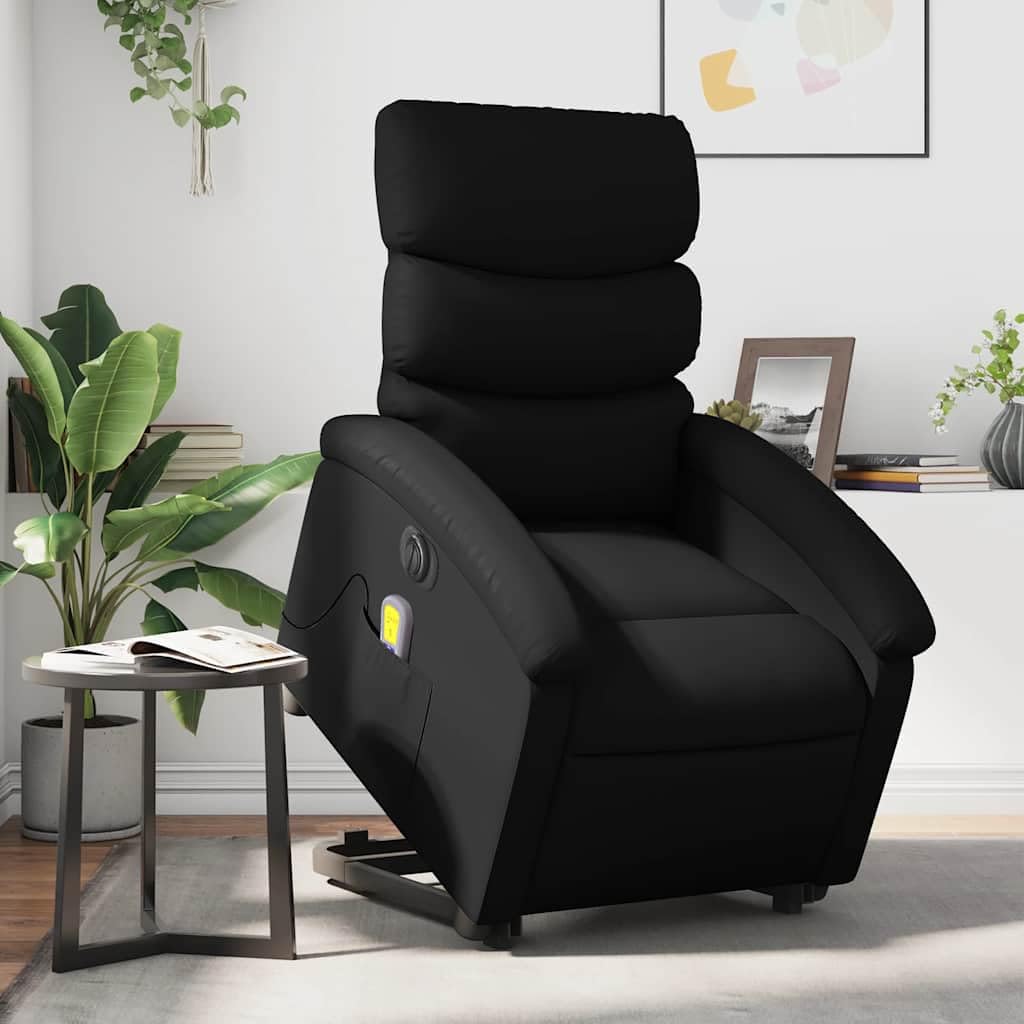 Sillón elevador eléctrico reclinable de piel sintética negra con 6 puntos de vibración y función de elevación automática para masaje y relajación