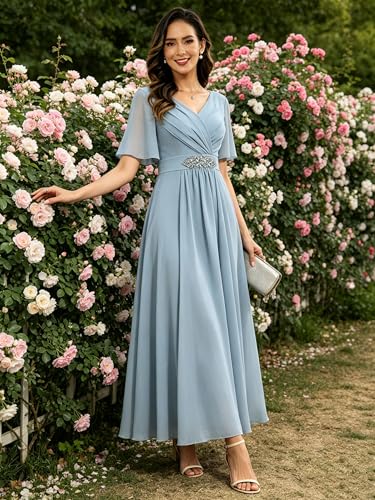 Image of Women's Chiffon Mother of The Bride Dresses A Line Pleated Long Formal Wedding Guest Dress