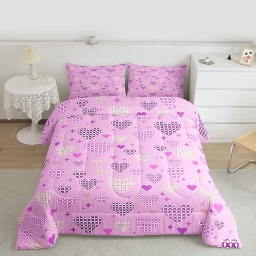 Image of Erosebridal Love and Heart Queen Comforter Set Cute Heart Pattern Bedding Set for Kids Teens Purple Valentine Bedroom Decor Love Geometric Quilt Duvet