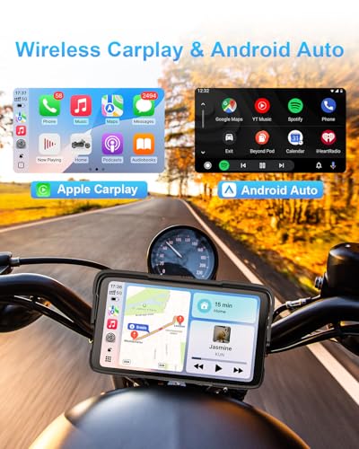 Portable Motorcycle CarPlay HD Touch Screen, Motorcycle GPS Navigation System with Apple Carplay and Android Auto, IP67 Waterproof, Support Tire Pressure settings, Bluetooth, Voice Control, Navigation