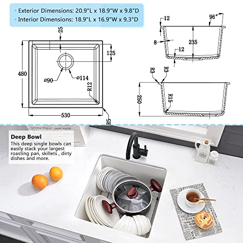 21 Inch White Undermount Bar Sink - Vasoyo 21"X19" White Kitchen Sink Undermount Wet Bar Prep Kitchen Sink Dual Mount Granite Kitchen Sink Single Bowl Bar Sinks #TOP5