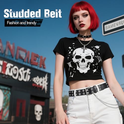 SANSTHS Women Double Grommet Studded Belts, Black Leather Belt for Women Men Punk belt4