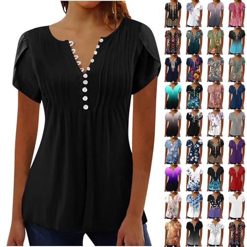 Dress Shirts for Women Loose Fit Short Sleeve Tshirts for Women Petal Sleeve V Neck Trendy Summer Tee Pleated Buttons Beach Solid Color Tops Womens Tops Dressy Casual