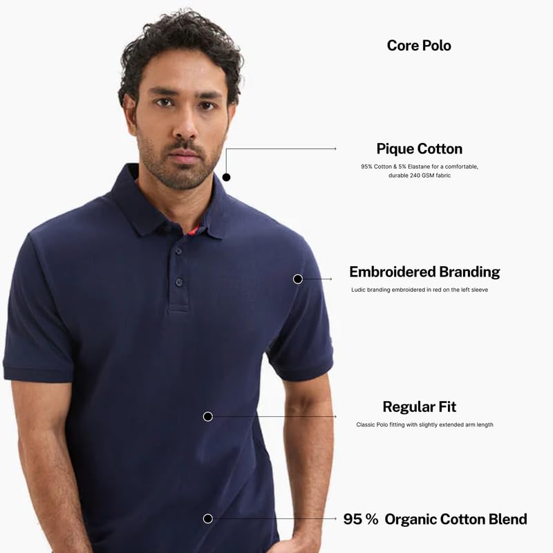 Image of LUDIC Core Polo T-Shirt, Dailymove Collection | Regular Fit | Stand-up Collars | 100% Organic Cotton, 240 GSM | Lightweight & Comfortable |Everyday Essential | Polo T-Shirt for Men