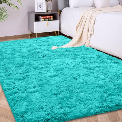 FVVRAX 120x180cm Teal Shaggy Rug – Soft Fluffy Area Rug for Living Room & Bedroom, Non-Slip Plush Carpet for Kids, Nursery, Dorm, Machine Washable Large Floor Mat