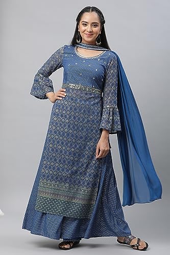 Image of Aurelia Women's Bright Blue Polyester Straight Kurta, Palazzos, Dupatta Suit Set