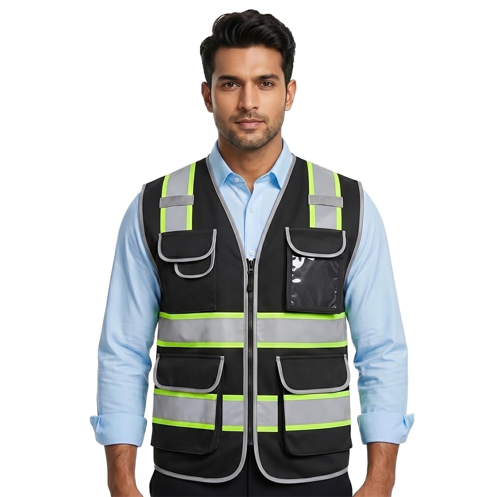 VRITRAZ High Visibility Safety Vest, Reflective Neon Waistcoat for Running, Cycling and Sports with 2 Inch Reflective Strips (Black)-picture-11