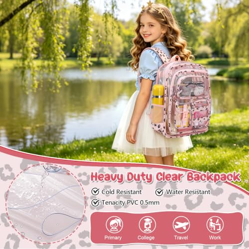 Image of Three-layer Clear Backpack, Heavy Duty Clear Bookbag for Kids, See Through Backpack Transparent Bag for Girls Boys (Pink Leopard)