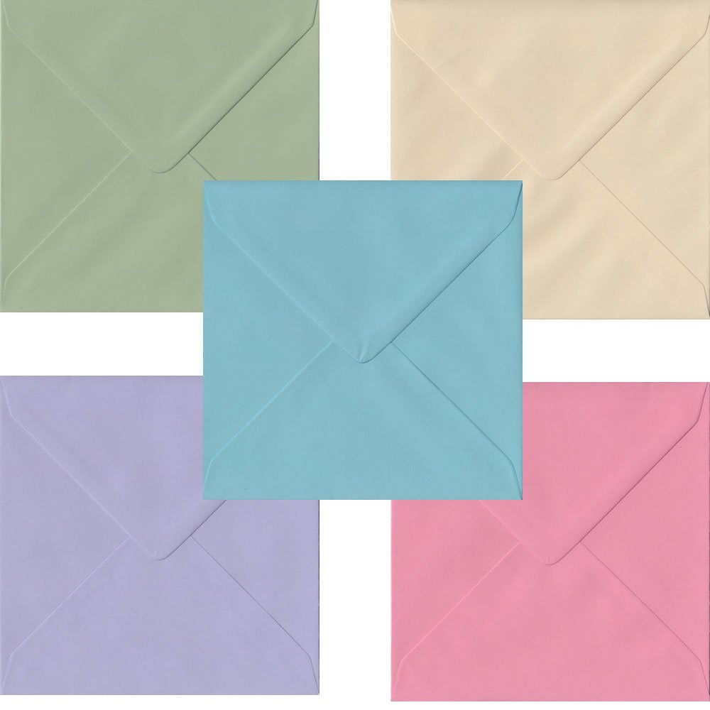 100 Square Pastel Colour Envelopes. Multi Coloured 155mm Square Gummed Pastel Coloured Envelopes.