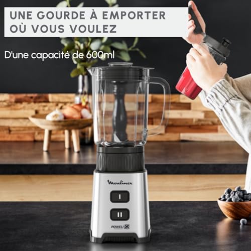 Moulinex Blender, Mini mixeur compact, 400 W, Technologie Powelix, Lames amovibles, 2 vitesses, Contrôle de la texture, Verseuse en verre, Bouteille à emporter en Tritan, Pulseo, Métal LM17GD10 – Image 4