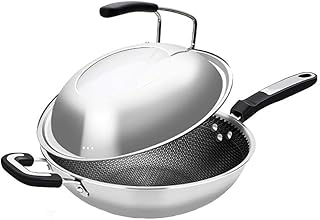 Wok pour Induction Wok en Acier Inoxydable 304 Couvercle de la marmite combinée Poêle antiadhésive Non revêtu Fumée sans Huile Poêles à gaz Wok de cuisinière à Induction Universel (Taille: 3