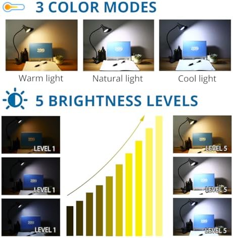 Semlos LED Reading Light, Clamp Lamps 3 Color Modes 5 Brightness, Clip Light for Desk Bedside Table, 5W USB Powered, Flexible Arm, Black 3 51KfEI7v0mL. AC