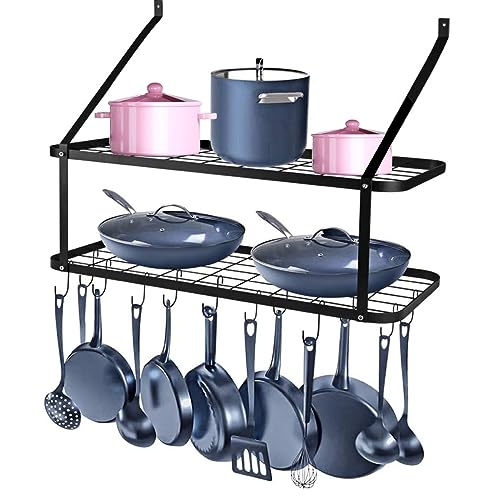 ybaymy Pan Hanger Rack Wall Mounted 75CM Pot Pan Rack for Kitchen Hanging 2 Tier Kitchen Wall Shelf with 10 Hooks for Storage and Organization Black