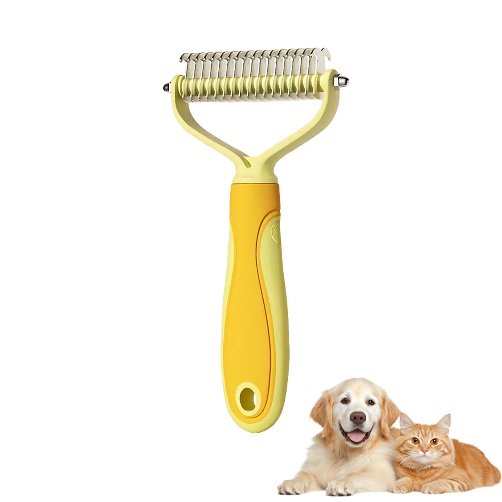 Double-Sided Deshedding Pet Grooming Brush, Professional Dematting Comb for Dog and Cat, Pet Grooming Rake for Long Haired Cat Dogs Removing Loose Undercoat Tangles Mats (Yellow,L)