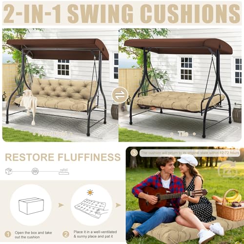 Image of Porch Swing Cushions Outdoor 60 inch x 40 Waterproof Swing Cushions 3 Seater Replacement with Backrest & 8 Ties 5 inch Thick Bench Swing Cushions for Outdoor Furniture Patio(Khaki)
