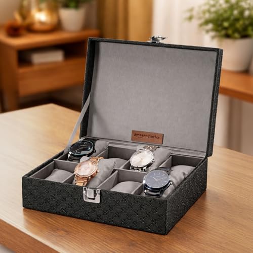 Image of Amazon Basics Unisex Faux Leather Watch Organiser Box with 8 Slots| 23.5LX21BX8H cm | Black