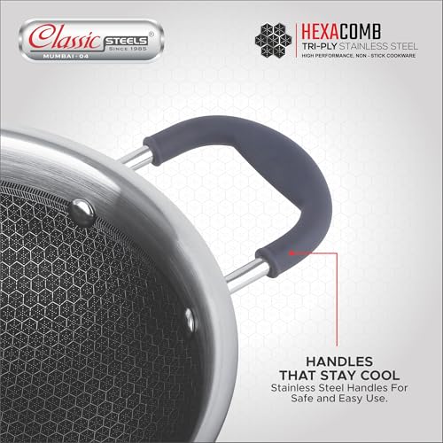 Image of Classic Steels Hexa Comb Triply Kadai Without Lid - 3.5 LTR (28cm) | 2.5mm Thickness | Durable Stay Cool Silicon Handle | Induction Bottom | Heavy Gauge Cookware Kadhai | 5 Year Warranty