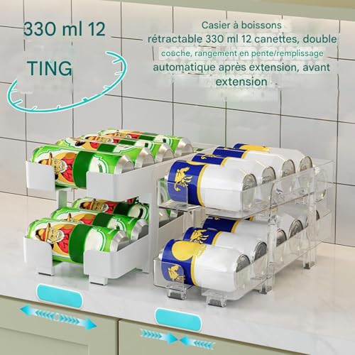 Distributeur de canettes rétractable à largeur ajustable avec panier mobile 2 niveaux