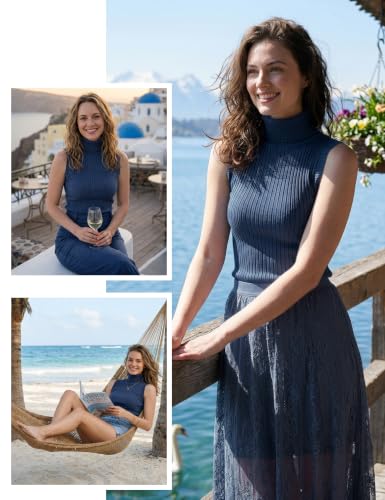 Image of v28 Women Sleeveless High Neck Turtleneck Stretchable Knit Sweater Top