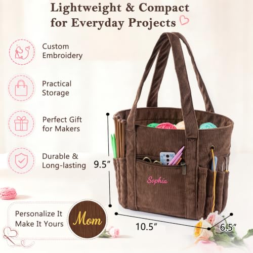 Image of MYBAGZIGN Personalized Crochet Bag, Custom Corduroy Yarn Storage Tote with Pockets for Crochet Hooks, Knitting Supplies & Yarn, Project Bag Gift for Crocheters & Knitters