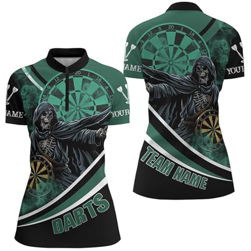 Women's Green Death Skeleton Darts Quarter-Zip Jersey Stylish Athletic Top for Casual Wear T1390