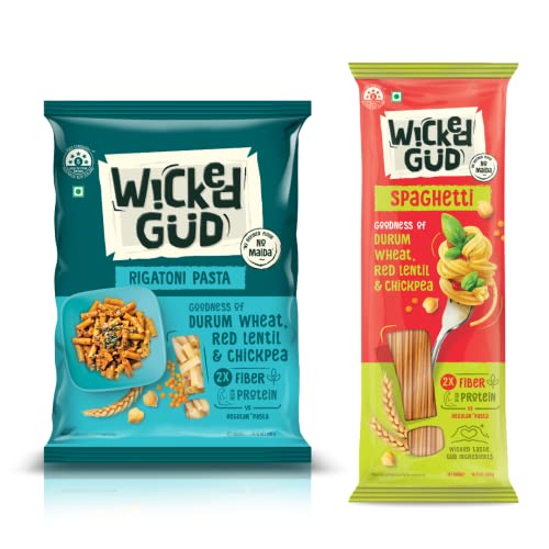 Image of WickedGud 2X Fiber Rigatoni & Spaghetti Pasta Combo | No Maida | Durum Wheat Semolina | Brown Rice | Red Lentils | Healthy Diet Pasta - 400gm x 2