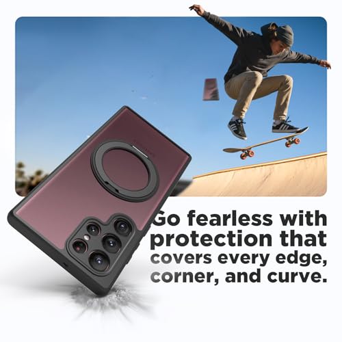 Image of RIGGEAR Shockproof Sleek Hybrid Armor 360 Rotating Magnetic Ring Stand Back Cover Case Compatible with MagSafe Accessories for Samsung Galaxy S22 Ultra (Transprent PC and Black TPU Bumper)