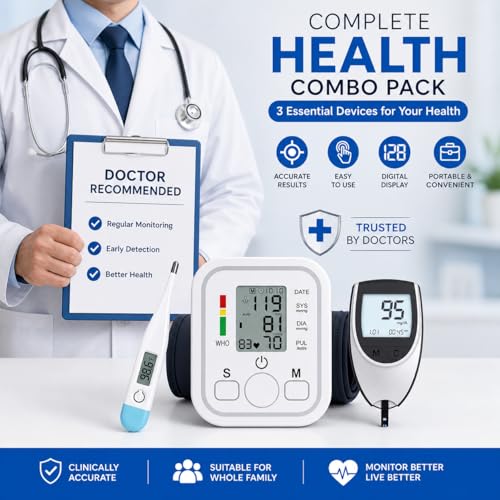 Image of Aika (Combo Pack) AK-555 Automatic Measuring BP Monitoring Machine for Home with Voice Broadcast, Accurate Measurement & AK-33 Blood Glucose Monitor & AK-45 Digital Thermometer (1 Set)