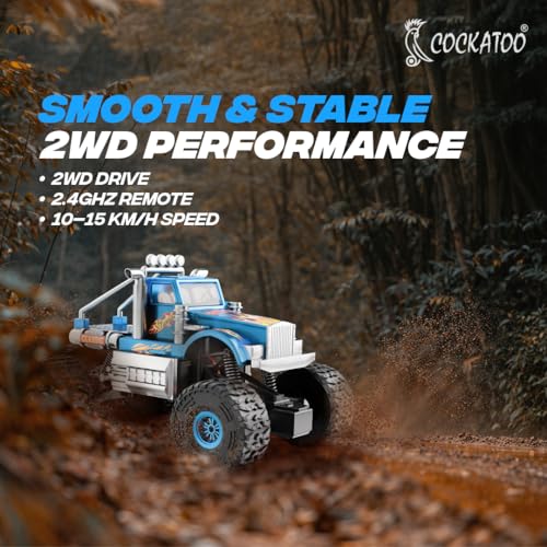 Image of Cockatoo Kids Monster Truck Remote Control Car Toy for Kids, RC Car 2WD, 2.4GHz Remote, Smooth Suspension, 10-15 km /h Speed, 1200mAh Rechargeable Battery, Racing Car, Indoor & Outdoor, Ages 4+, Blue