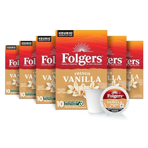 Image of Folgers French Vanilla Artificially Flavored Coffee, K-Cup Pods, 60 Count | 6 (10-count) boxes, Medium roast coffee, Genuine K-Cup pods made to brew with your Keurig coffee maker