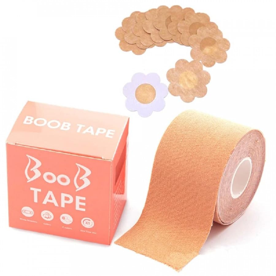 Boob Tape with 10 Nipple Pasties for Fashion with Double Sided Tape for Clothes,Reusable Nipple Cover for Women (Beige),Breast Tape for Women for Breast Lift|Skin Friendly Adhesive (5cm* 5M)