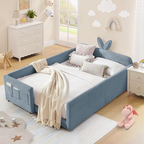 Image of Full Size Kids Bed with Rabbit Ear Headboard, Upholstered Boucle Fabric Full Daybed with Slats Support & Side Pockets, Space-Saving Wooden Corner Sofa Couch Bed Frame for Girls, Boys, Teenager(Blue)