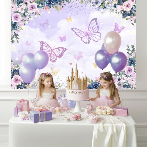 Mocsicka fondo violeta mariposa 7x5ft para fiestas miniatura 2