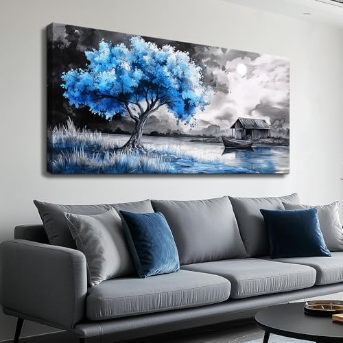 PHAOHUAXM Large Wall Art For Living Room Blue Wall Decor For Bedroom Black White And Blue Trees Wall Pictures Restaurant Office Frame Printing Canvas Large Artwork Modern Home Decoration 30x60 in