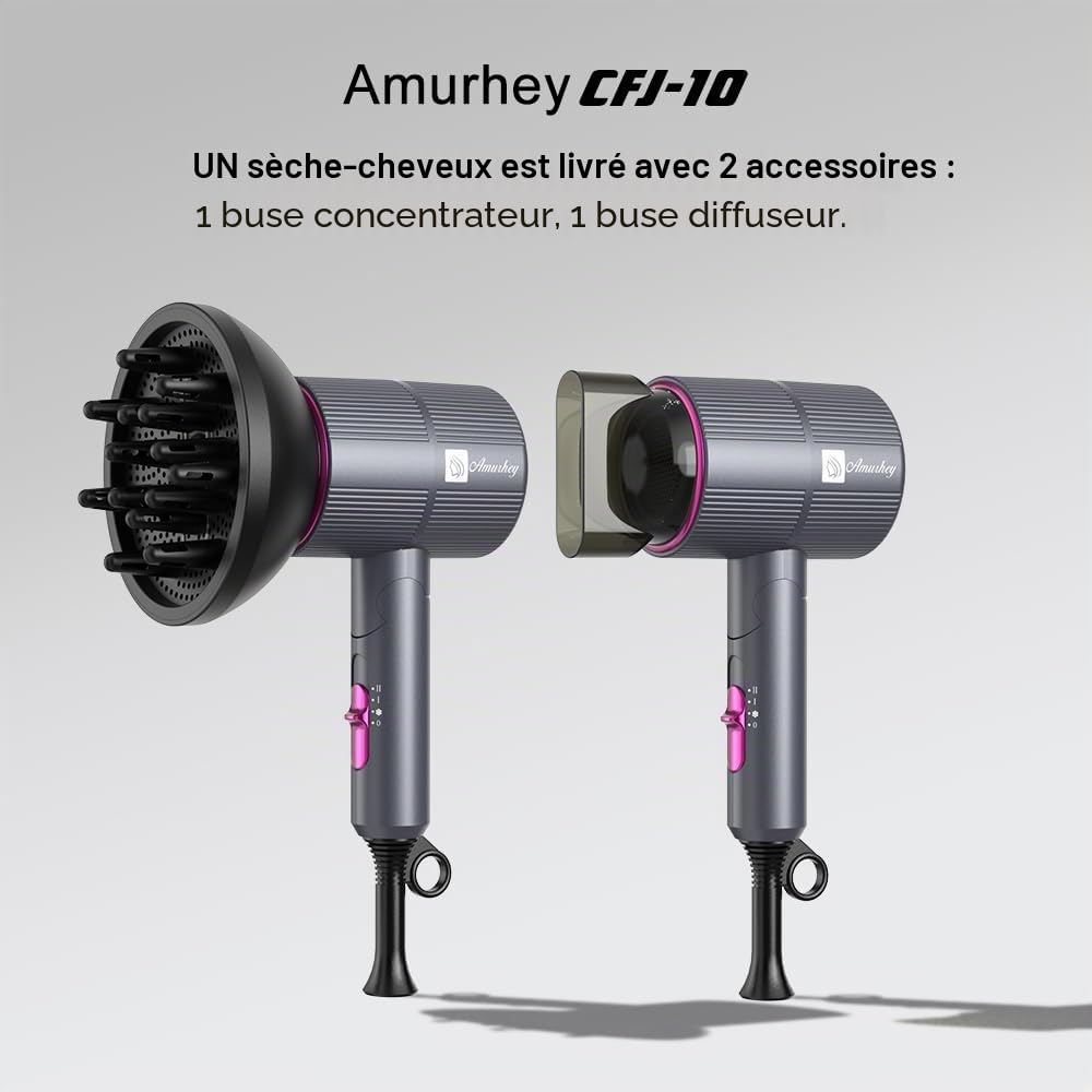 Sèche-cheveux ionique avec flux d'air de 24 m/s Amurhey – Léger & Pliable (env. 250 g)– Sèche-cheveux de voyage 2000 W avec Concentrateur & diffuseur – Hair Dryer Moteur sans balais 110 000 tr/min