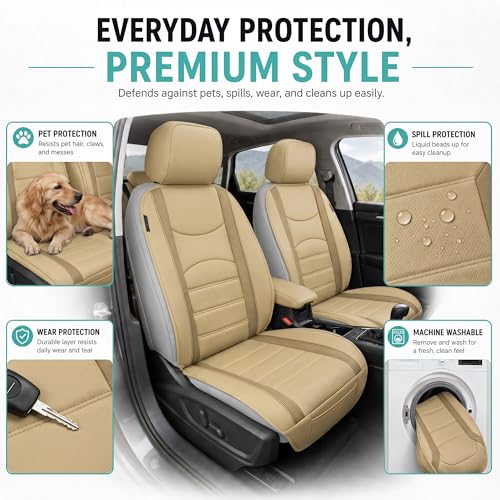 Image of FH Group Front Set Faux Leather Car Seat Cushions for Low Back Seat, Universal Fit, Airbag Compatible Seat Cover for SUV, Sedan, Beige Tan