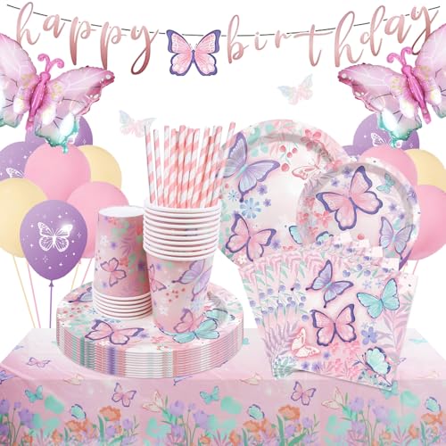 Schmetterling Geburtstag Deko, 110 stück Schmetterling Partygeschirr Set, Geburtstagsdeko Mädchen, Geburtstag Party Geschirr für Geburtstag Party Deko 16 Gäste