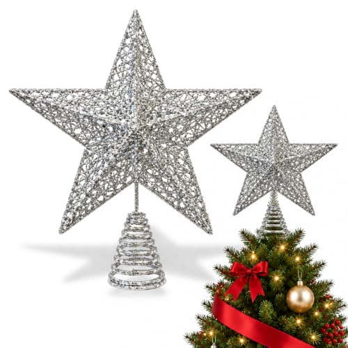 Estrella Plateada para la Punta del árbol de Navidad, Estrella para arbol de Navidad, Accesorios de Navidad, Longitud 30 cm, Color Plateado