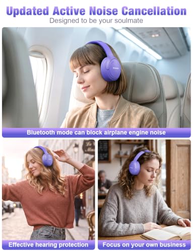 Image of RUNOLIM Hybrid Active Noise Cancelling Headphones, Wireless Over Ear Bluetooth Headphones with Microphone, 100H Playtime, Foldable Headphone with HiFi Audio, Deep Bass for Home Travel Office(Purple)