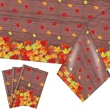 Kesfey 3 Pack Fall Wood Grain Maple Leaves Tablecloth 54 x 108 Inch Thanksgiving Party Tablecovers Disposable Waterproof Plastic Autumn Harvest Theme Table Cloth Rectangle for Dinner Home Table Decor