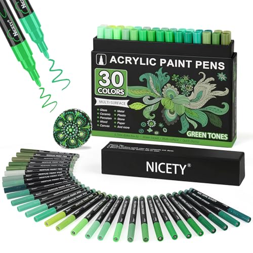 NICETY 30Pcs Feutre Acrylique Peinture stylo marqueur peinture acrylique Verre pour Bois, Toile, Verre, Céramique - Acrylic Paint Marker Acrylstifte für à base d'eau à 0,7 mm Extra Pointe Fine(Vert)