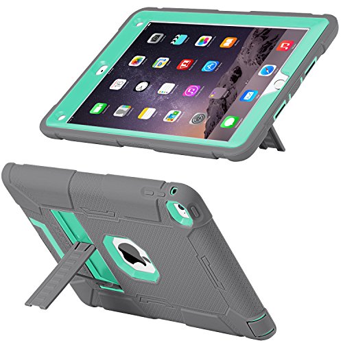 Ipad Air 2 Case, Bentoben [Hybrid Shockproof Case] With Kickstand Rugged Triple-Layer Shock Resistant Drop Proof Case Cover For Ipad Air 2 With Retina Display / Ipad 6, Gray/Mint Green #TOP6