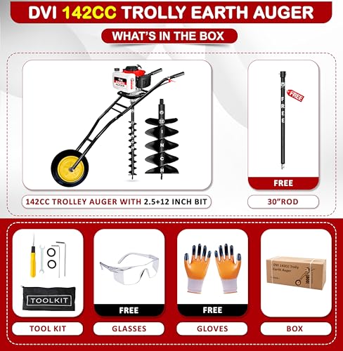 Image of DVI 142CC Trolley Earth Auger Machine, 4-Stroke Petrol Engine - with 2.5 Inch + 12 Inch Double Spiral Planter Bits & Free Extension Rod | For Plantation, Fencing & Post Hole Digging in All Soil Types.