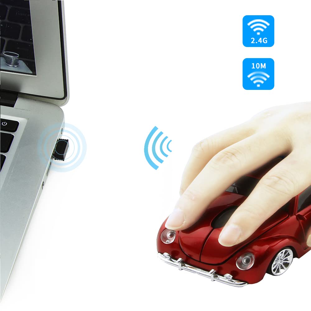 Usbkingdom 2.4GHz Wireless Mouse Cool 3D Sport Car Shape Ergonomic Optical Cordless Mice with USB Receiver for PC Laptop Computer Notebook 1600DPI Red