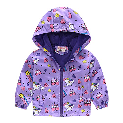 Surwin Chaqueta para Bebés Niñas Niños, De Viento Cremallera con Capucha Abrigo Outwear Cortavientos, Moda De Ropa Estampado Chaqueta a Prueba para Niño Niña (Unicornio Morado,120) Cover