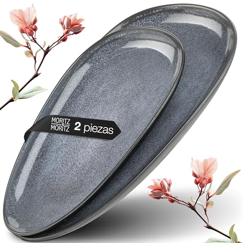 Moritz & Moritz VIDA Juego de platos para servir azul, 2 platos grandes de porcelana, moderno y atemporal, apto para microondas y lavavajillas, perfecto para ensaladas, carne a la