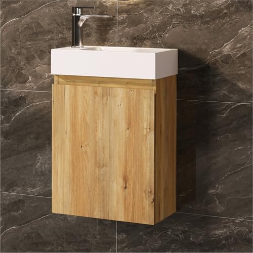 JINDOLI Waschtisch mit Unterschrank 40 cm - Badmöbel Set mit Waschbecken, Vormontiert Waschbeckenunterschrank Klein für Bäder, Gäste WC (Natur Eiche)