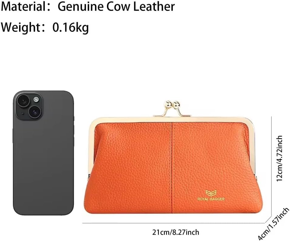 Royal Bagger RFID Kiss Lock Wallet, Solid Color Multi-card Slots Card Holder, Genuine Cow Leather Clutch Purses for Women 1468 (Black) - Image 3