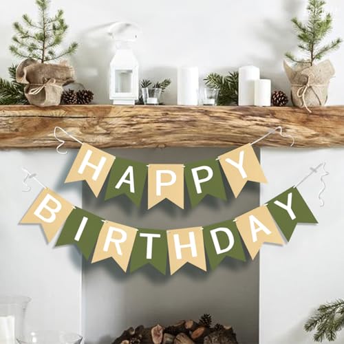 Image of Letjolt Brown Green Happy Birthday Banner Greenery Theme 13pcs
