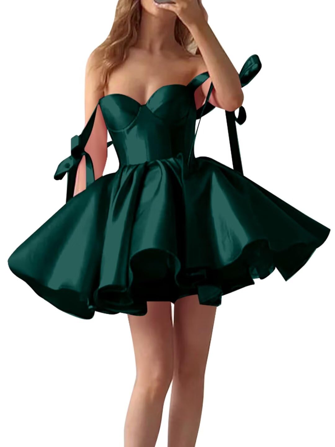 BOLENSYE Sweetheart Puffy Satin Short Homecoming Dresses for Teens Cocktail Party Gowns with Bow Pockets